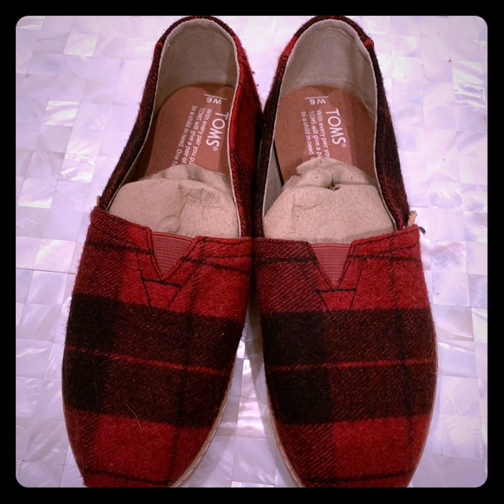 Toms Alpargata red flannel plaid slip ons